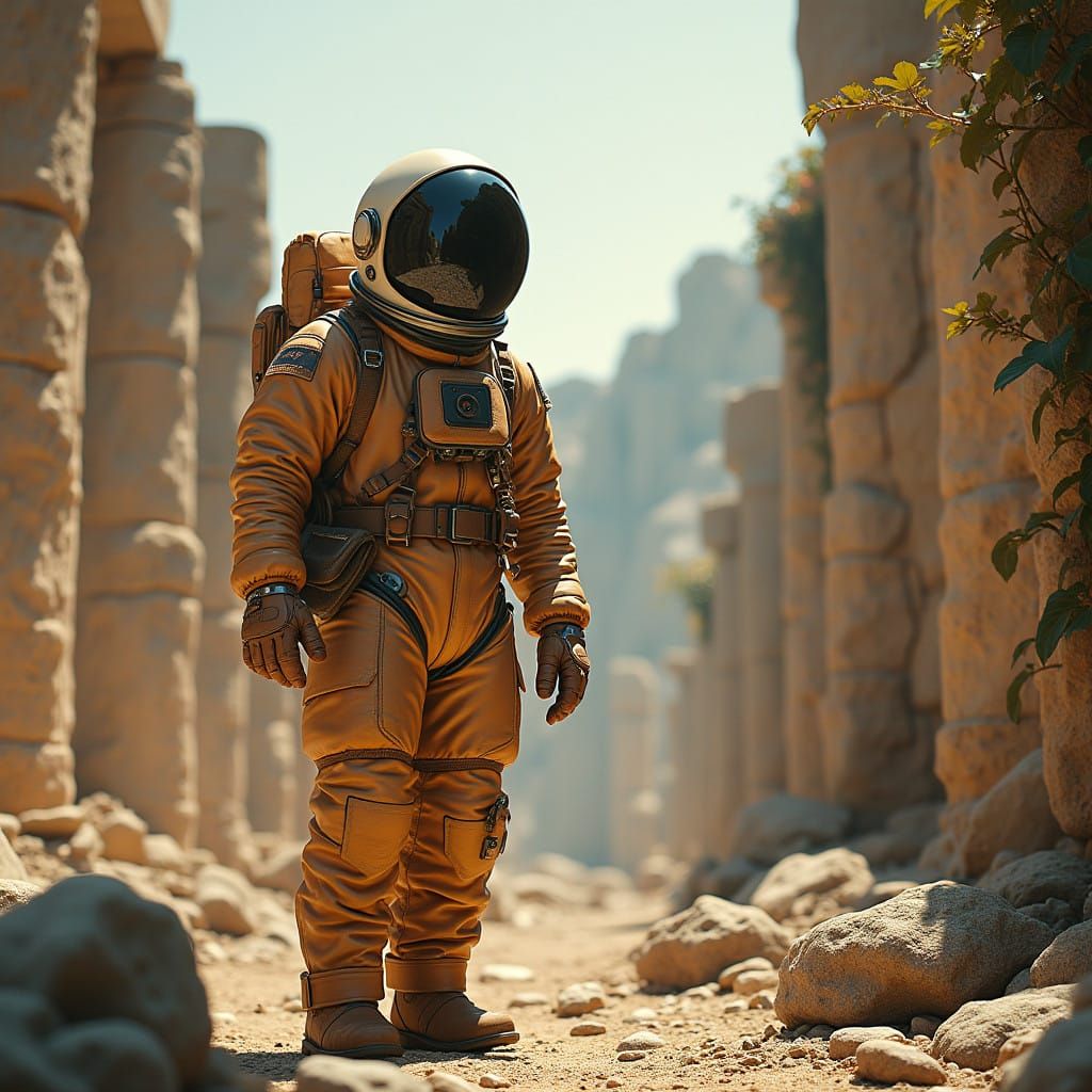 Astronaut in Sustainable Leather Attire Amidst Ancient Ruins