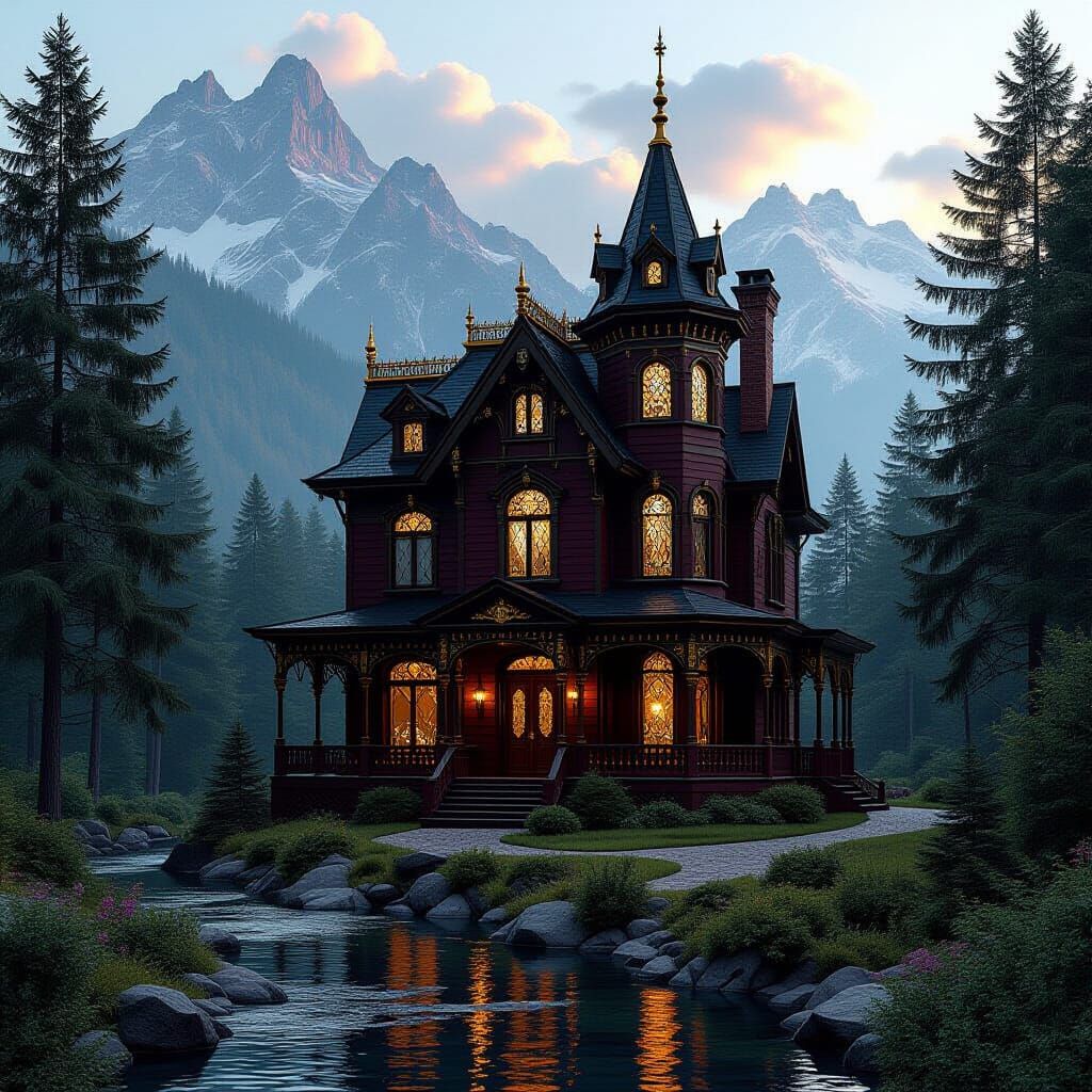 Gothic Victorian House in Black Pine Forest