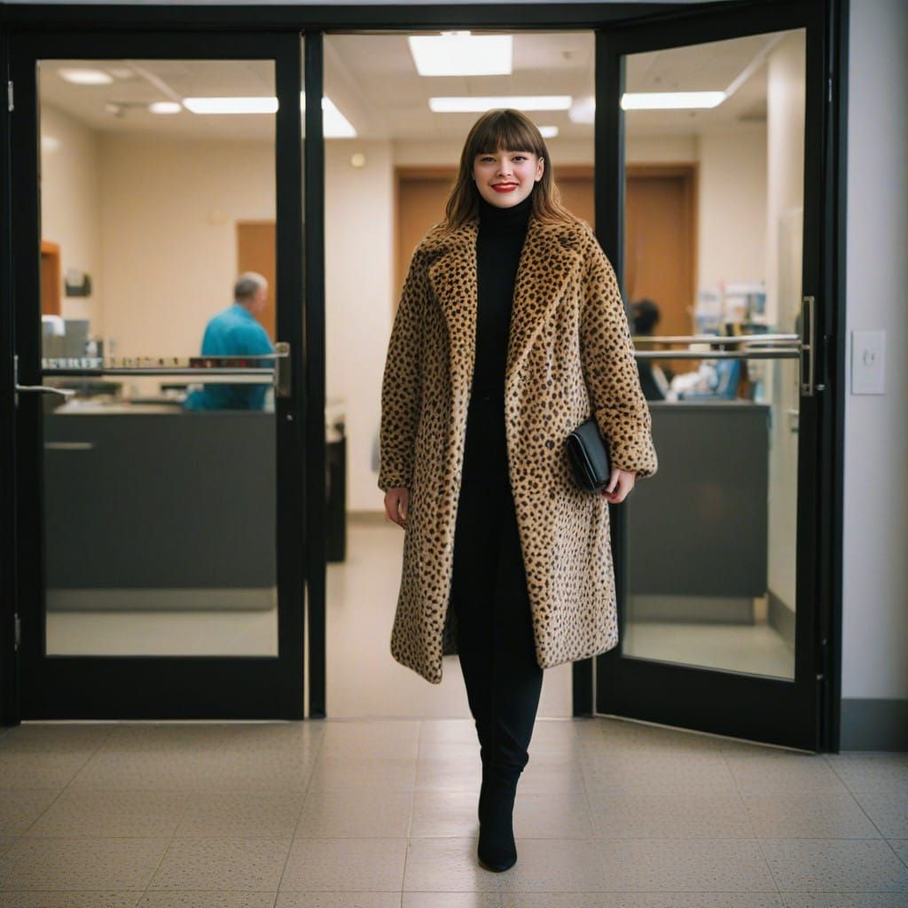 Luxurious Teen Girl in Leopard Fur Coat Struts into Medical...
