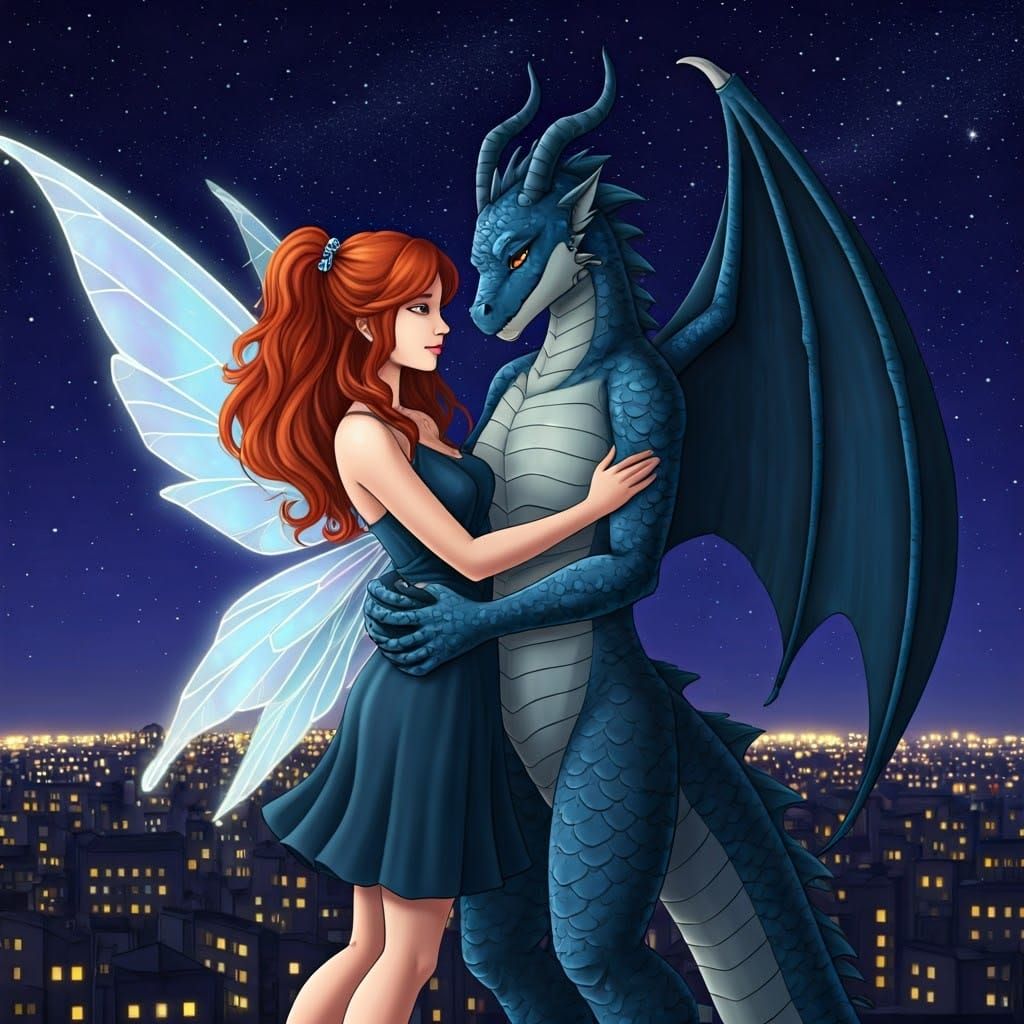 Fantasy Art: Fairy and Dragon Girl Embrace