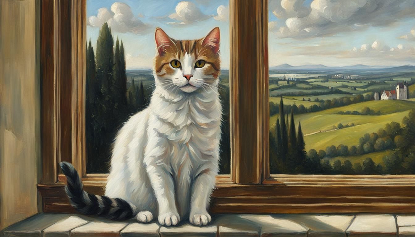 Cute Cat in Window, Renaissance Oil Painting