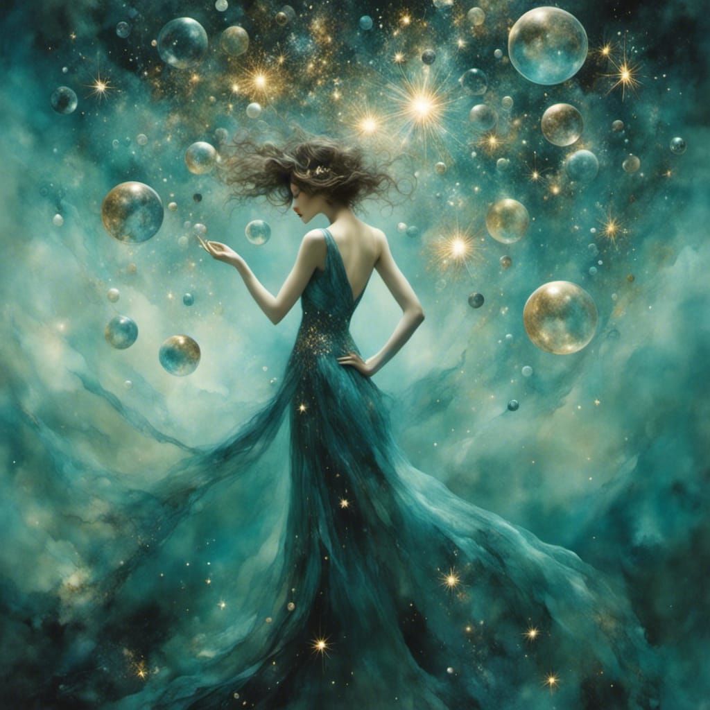 Surreal Blue Bubbles and Stars with Golden Outlines