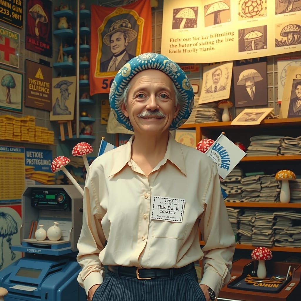 Gigantic Linocut-Patterned Mushroom Amidst Industrial Chaos