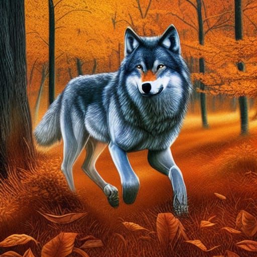 Wolf and Woman in Autumn Forest Illustration