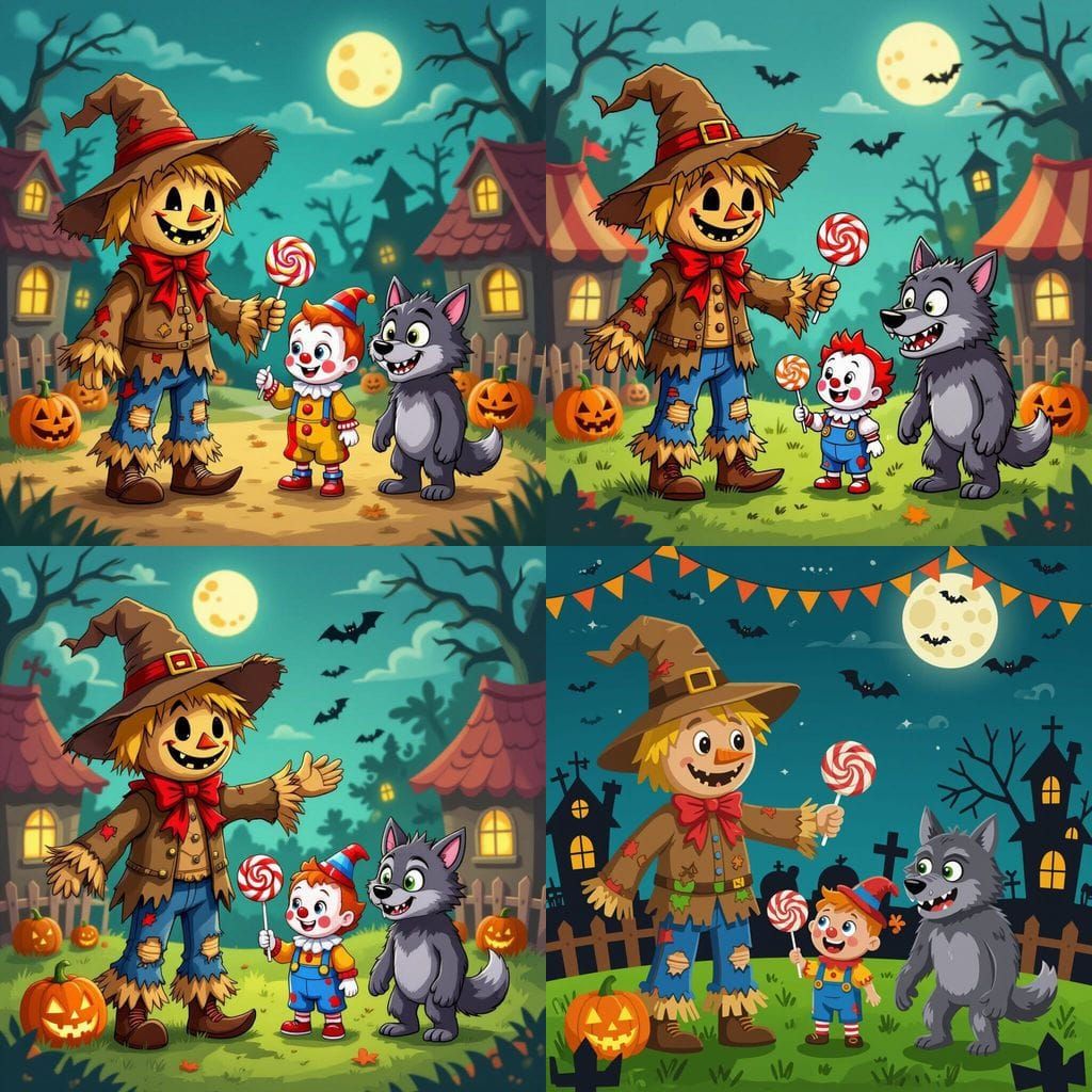 Scarecrow Gives Candy to Clown and Werewolf at Halloween Fes...