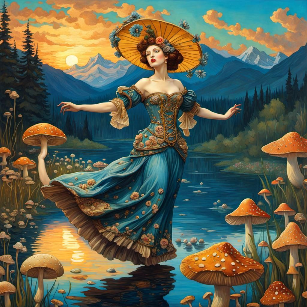 Woman Dancing in Lake: Art Nouveau Impressionism