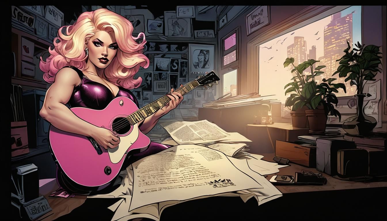 Drag Queens Comic Book Rescue with Pink Guitar