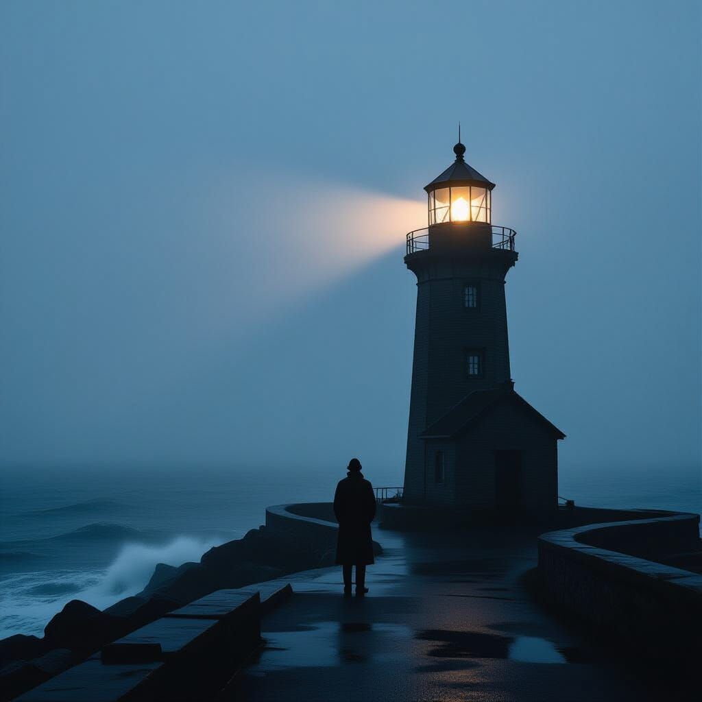Lighthouse Keeper in Stormy Seas, Cinematic Photo