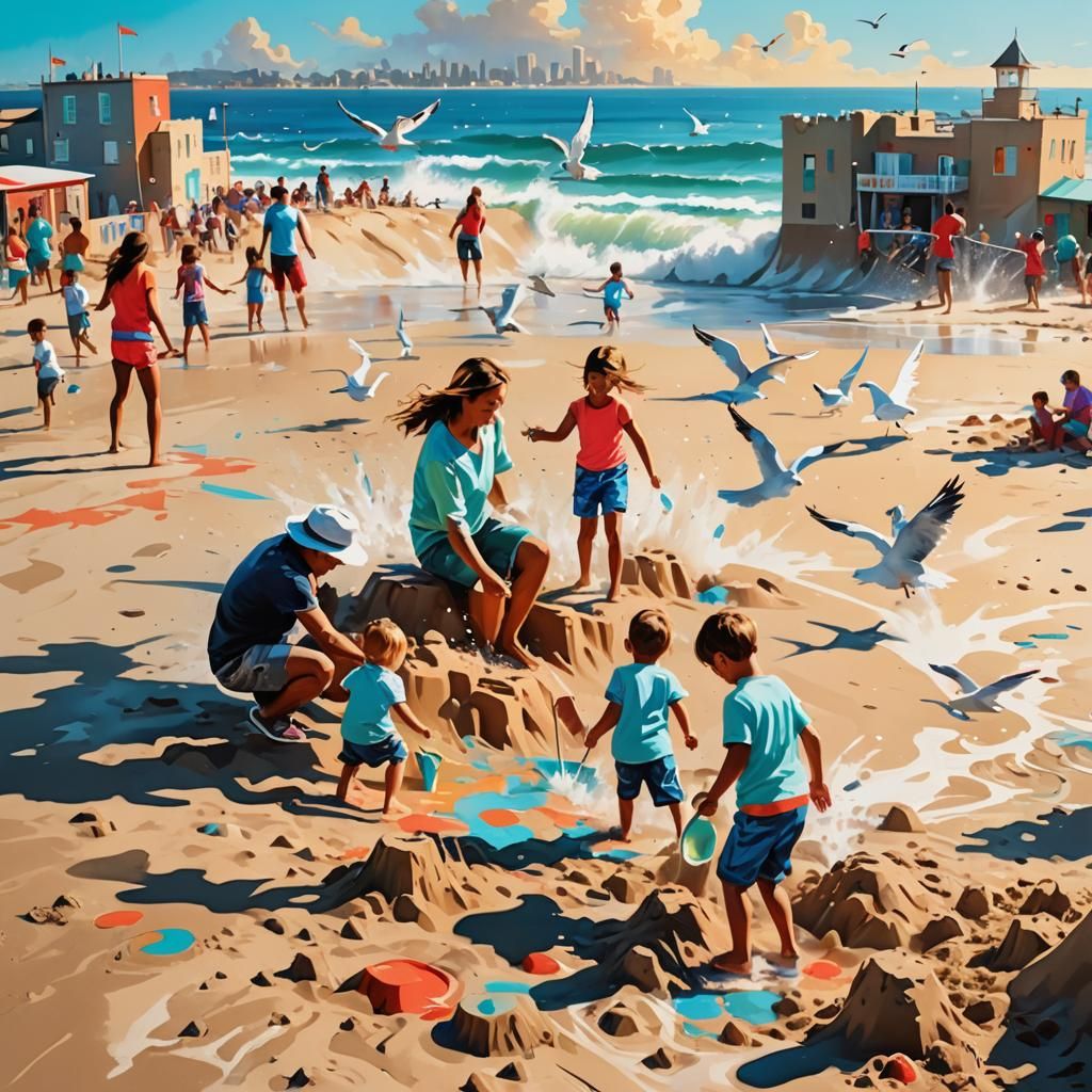 Vibrant Beach Scene in Stylized Graffiti Art
