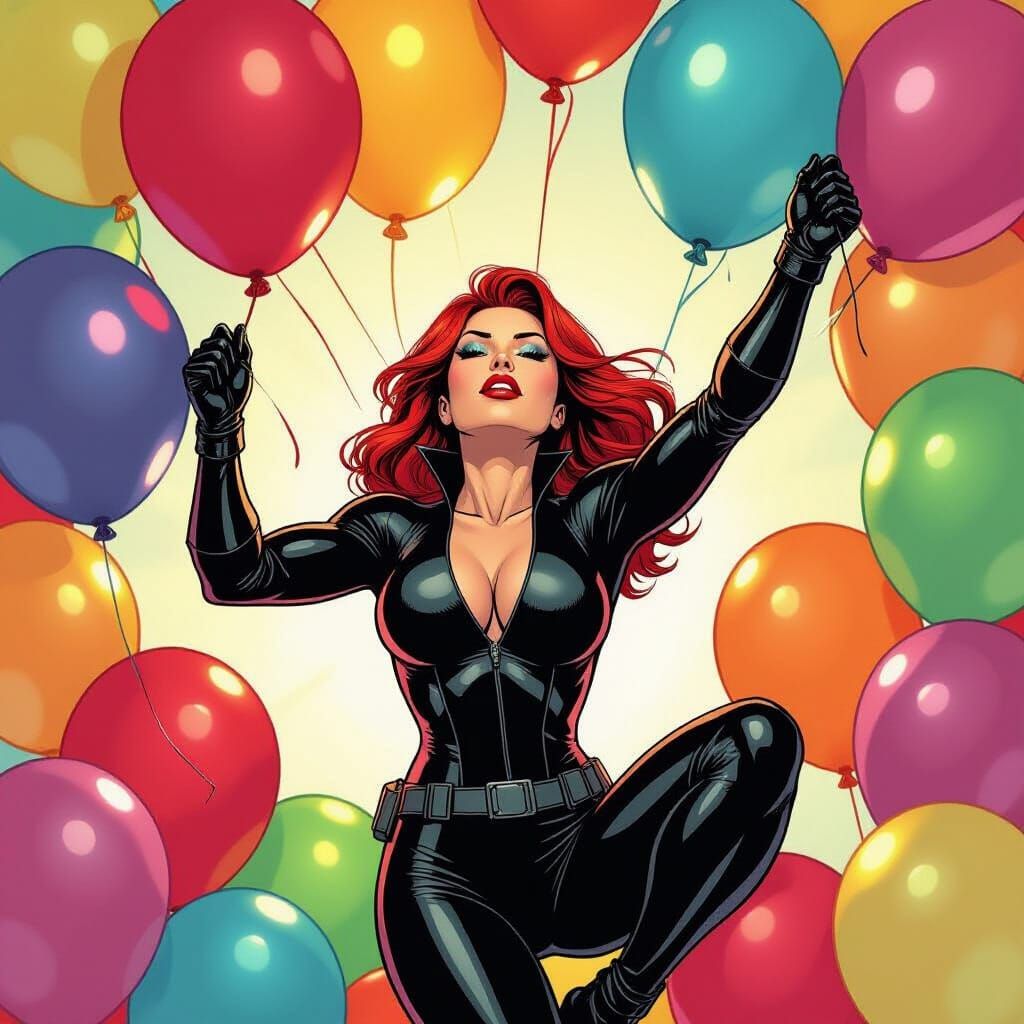 Black Widow's Birthday Balloon Burst in Comic Book Style