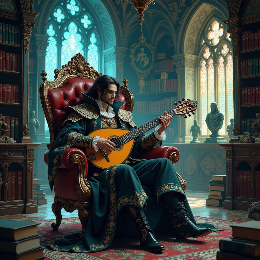 Minstrel in Gothic Library with Ethereal Portals