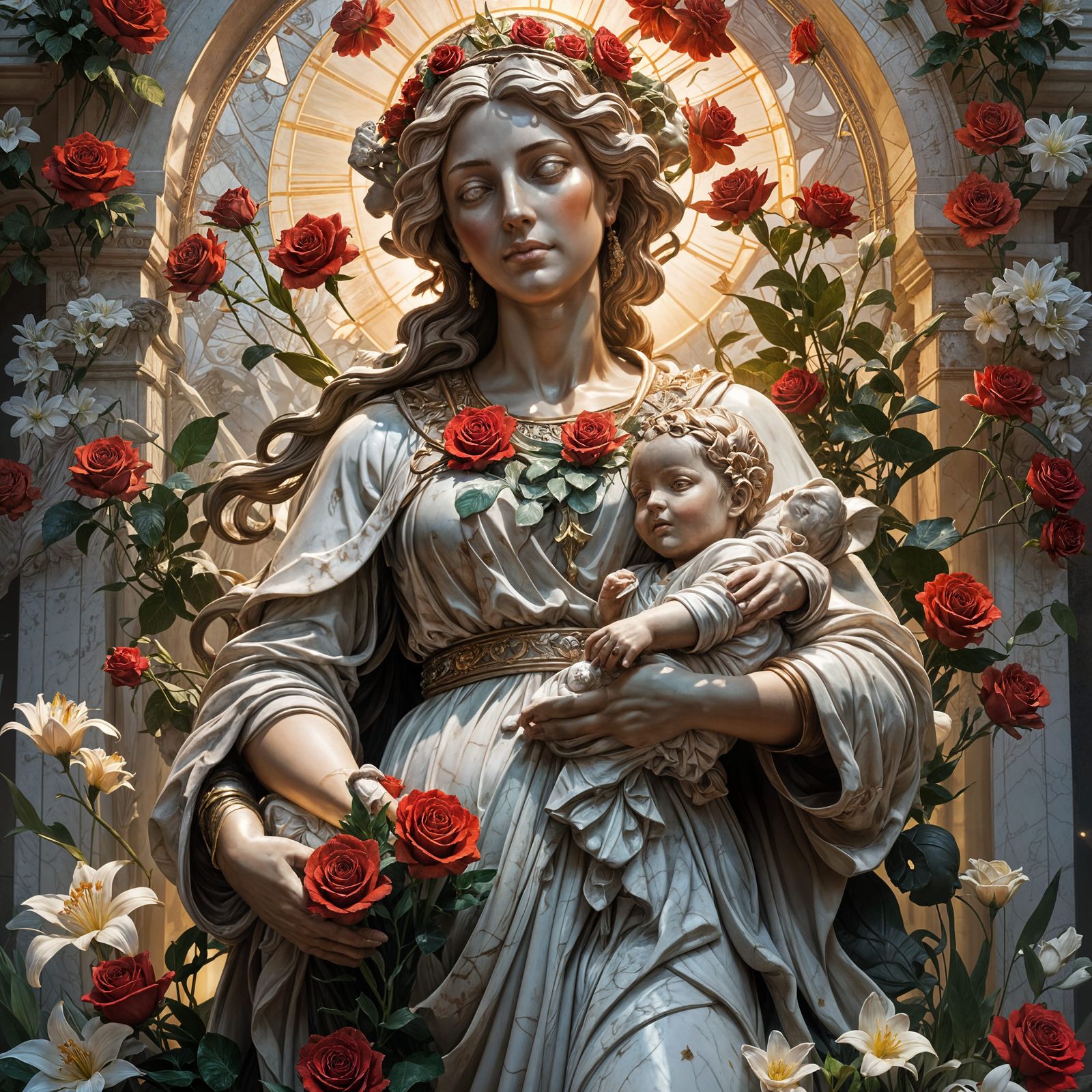 Marble Mother and Child Statue with Flowers