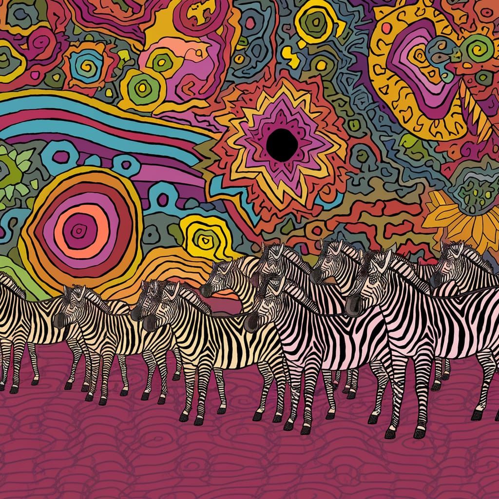 Vibrant Purple Zebra Herd in a Psychedelic Zentangle Backgro...