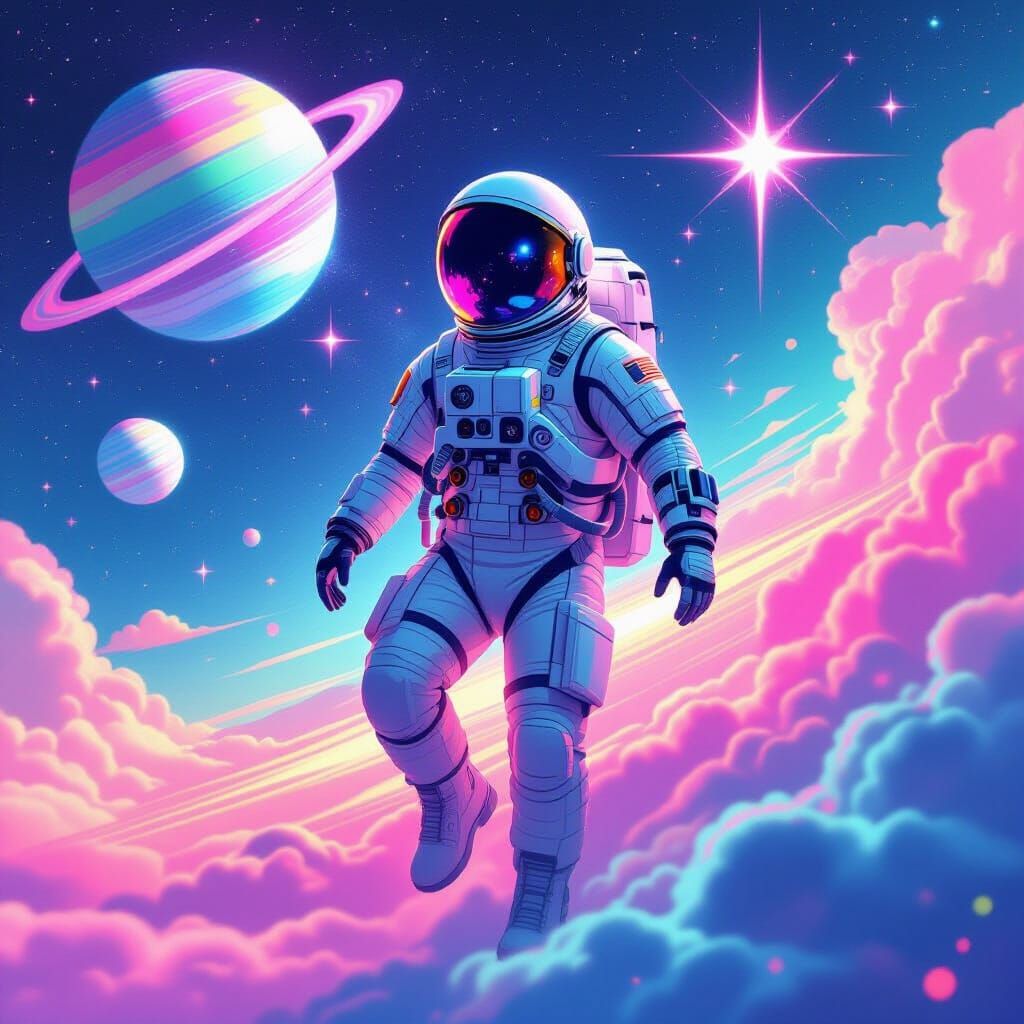 An astronaut  floating around vaporwave space