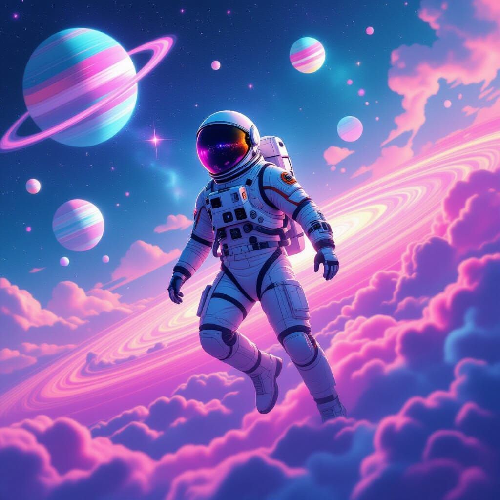 An astronaut in a vaporwave space