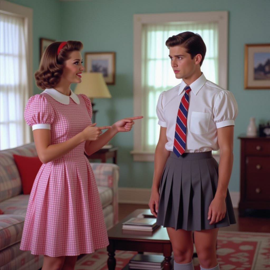 Man in Schoolgirl Outfit, Cinematic Film Still