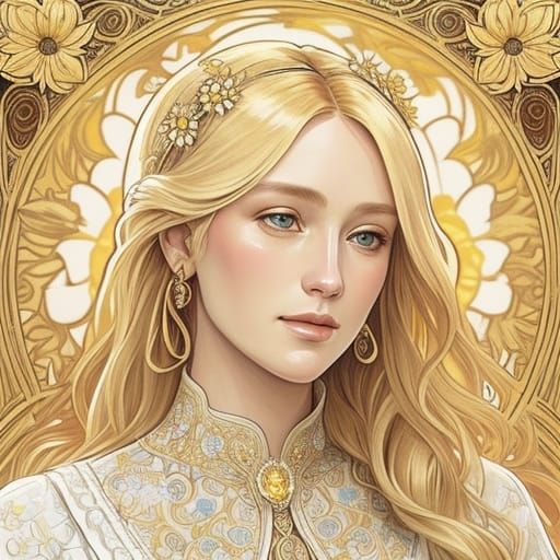 Art Nouveau Woman in Sunflower Field Portrait