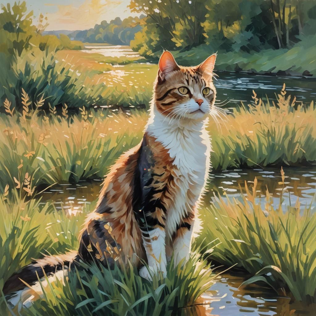 Impressionist Cat in Golden Meadow, Impasto Gouache
