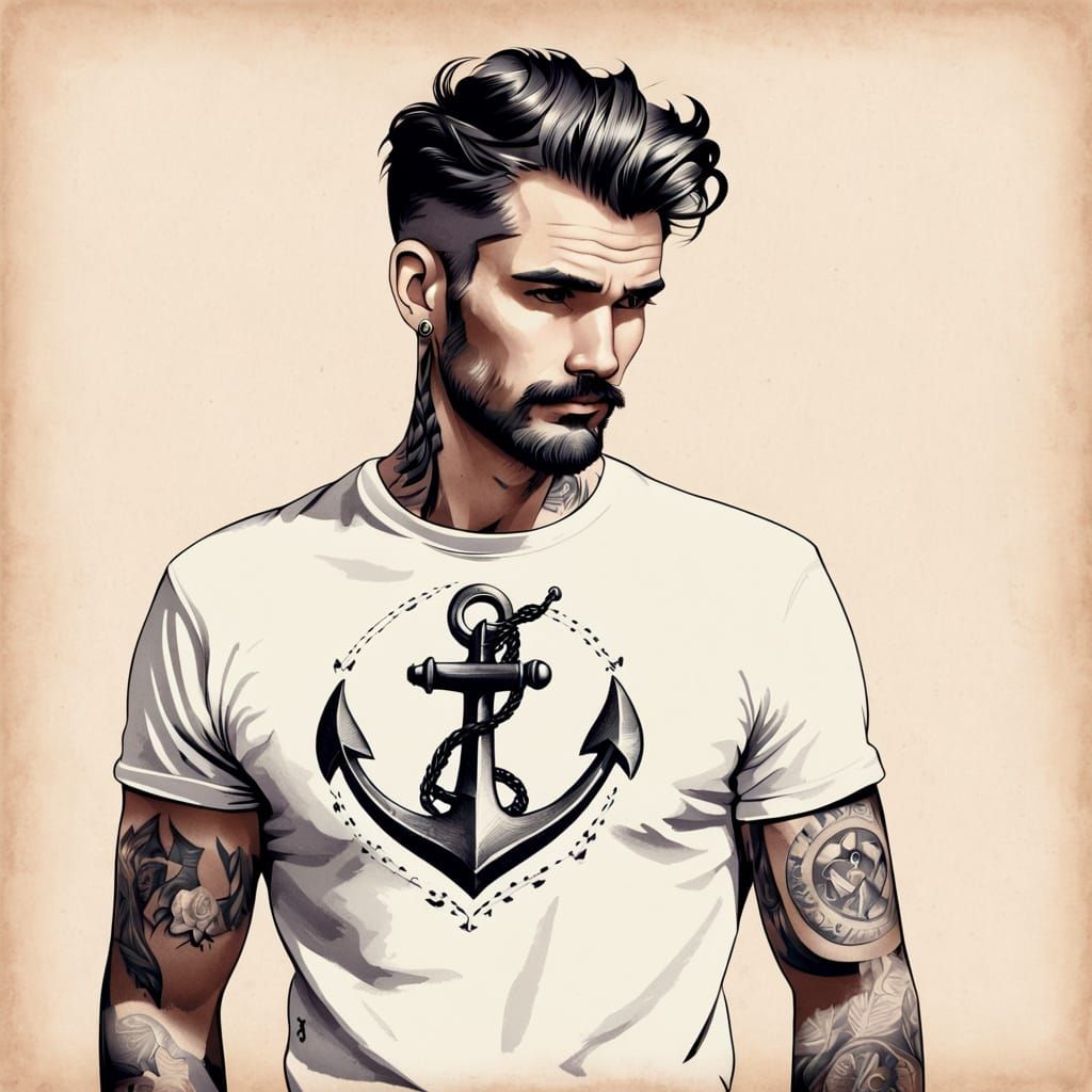Retro Ink Drawing of Man with Anchor Tattoo