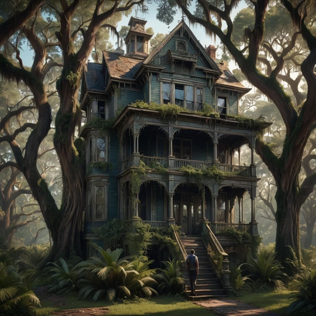 Lonely Man at Dilapidated Victorian House