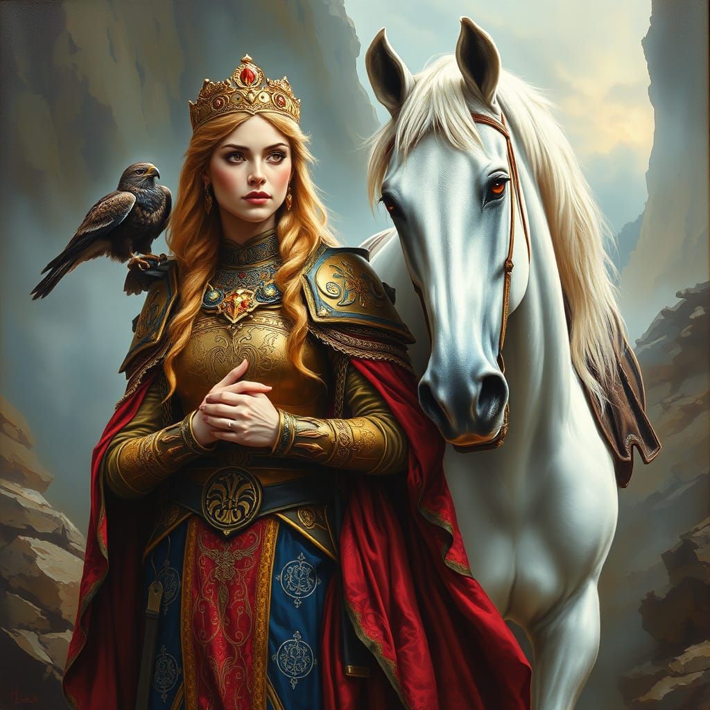 Regal Celtic Goddess with Falcon and White Stallion in Impas...
