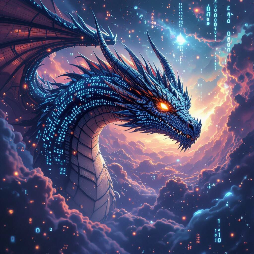 Cybernetic Dragon Soars Through Data Nebula