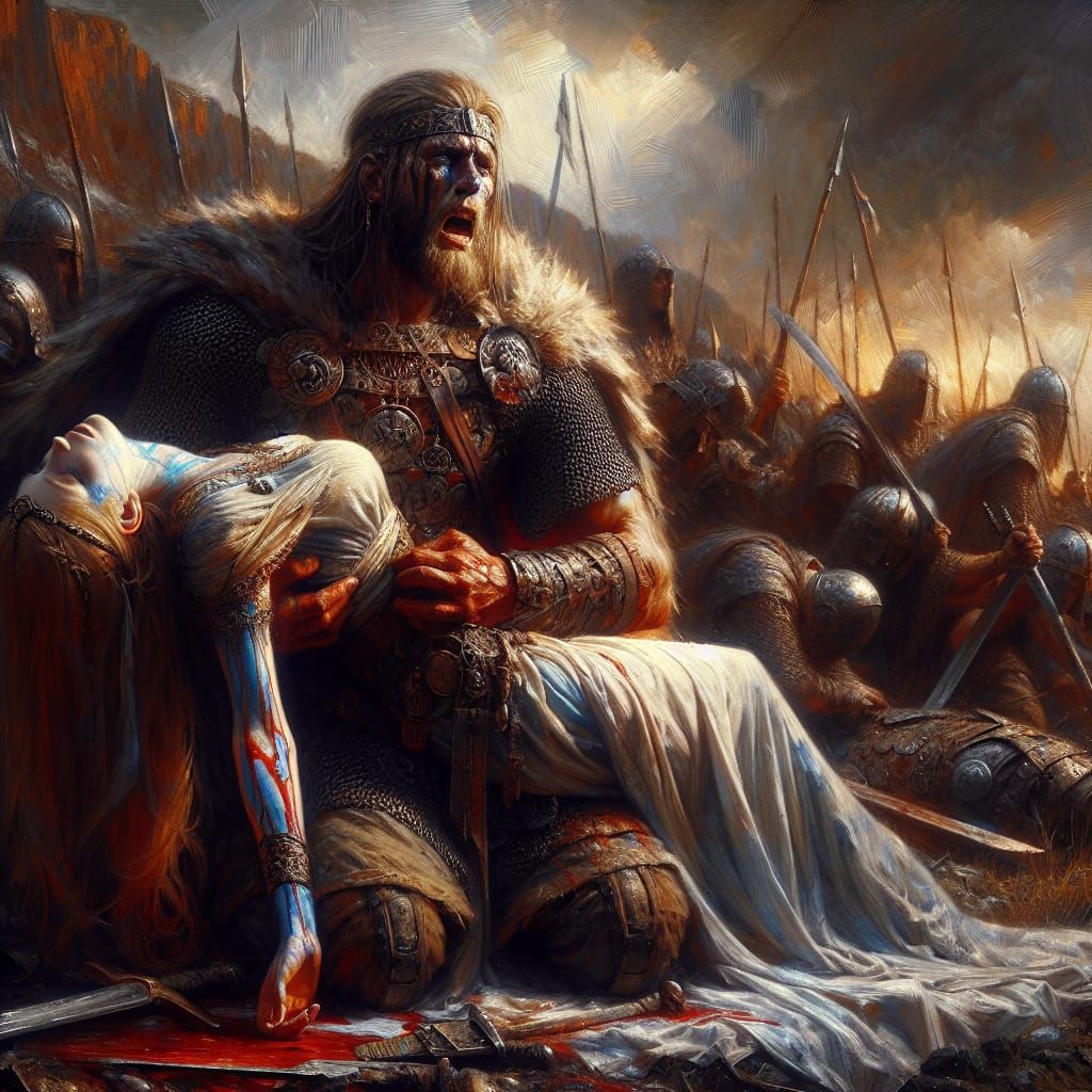 Viking Warrior's Lament: Impasto Oil Painting of Loss