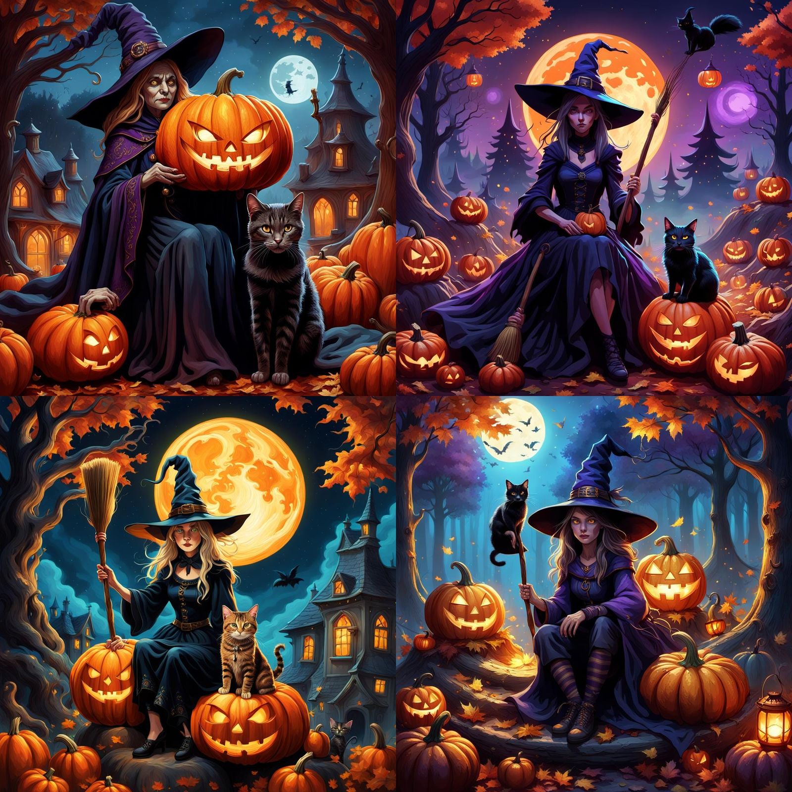 Whimsical Witch on Pumpkin, Detailed Matte Painting