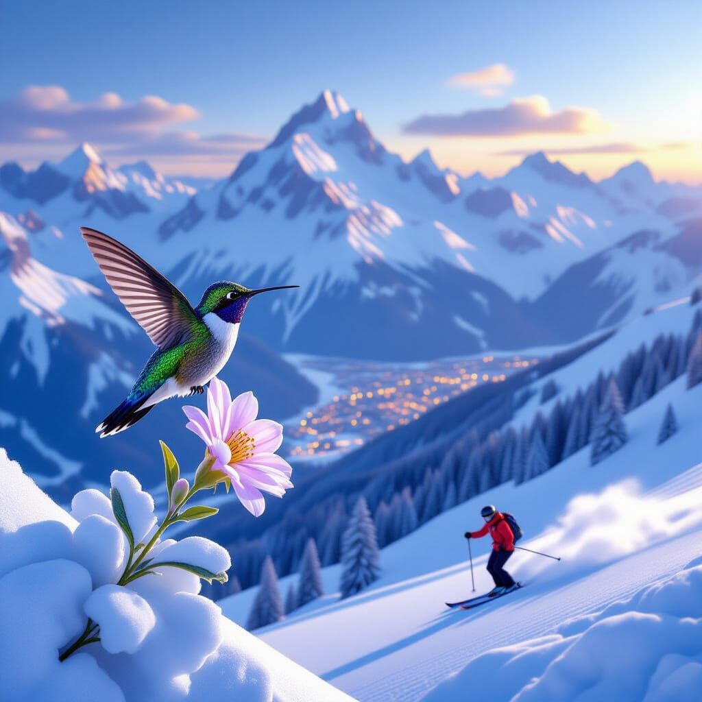Hummingbird and Skier Amidst Mountain City Vista