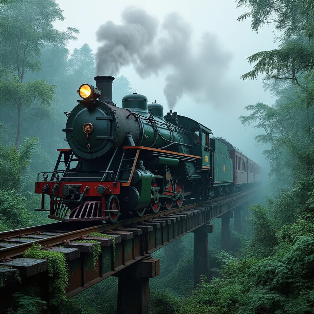 Misty Jungle Train on Overgrown Railway