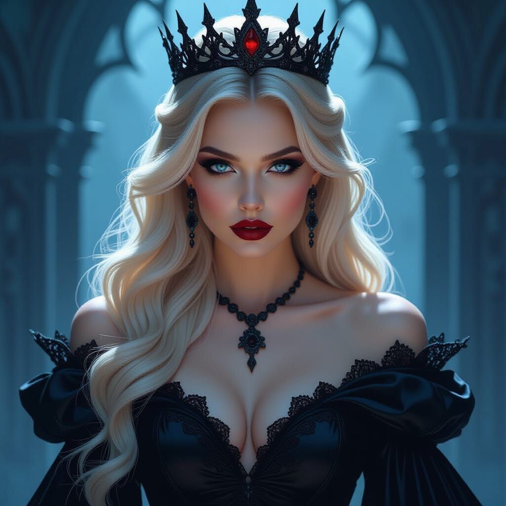 Evil Queen with Blue Eyes and Red Lips in Black Dress