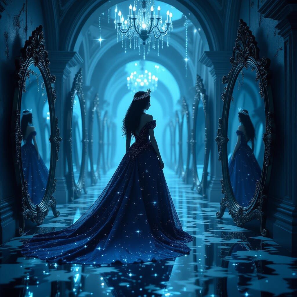 Sorrowful Queen in Mirror Labyrinth, Dark Fantasy Art