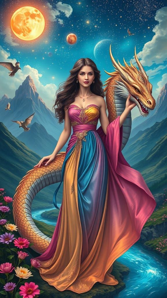 Majestic Fantasy Scene with Brave Woman and Dragon