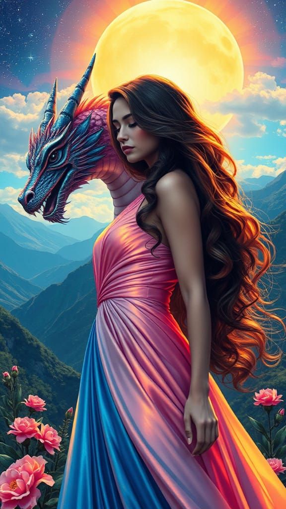 Surreal Woman in Ethereal Gown with Majestic Dragon in Fanta...