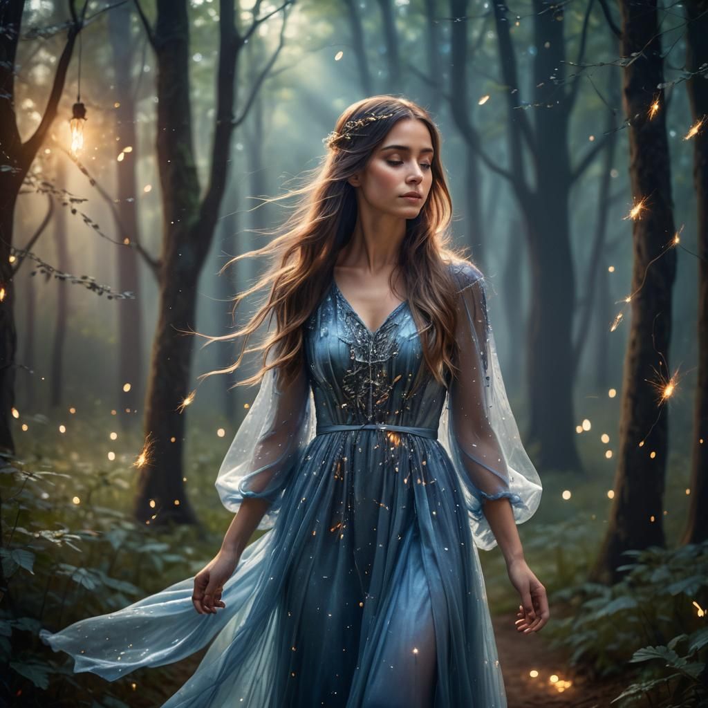 Ethereal Woman in Magical Forest: Dreamy Fantasy Portrait
