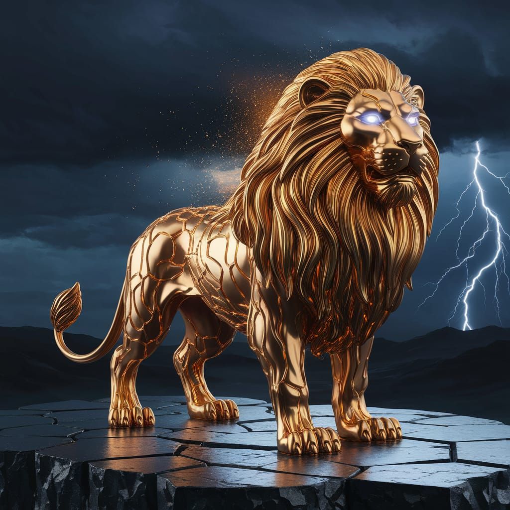 Molten Gold Lion Under Twilight Sky