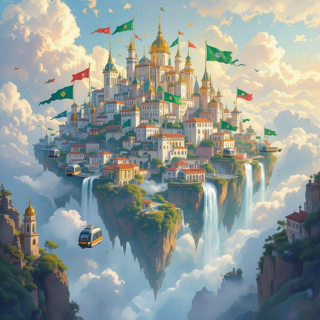 Fantastical Floating City with Waterfalls and Flying Trams