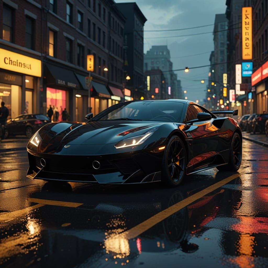 Speeding Sports Car in Neon Cityscape at Sunset