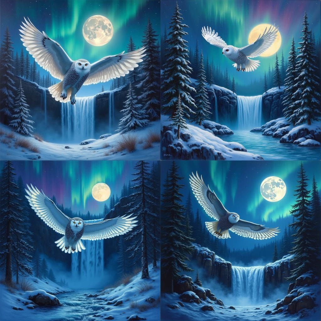 Night Waterfall with Aurora and Snowy Owl, Oil Painting