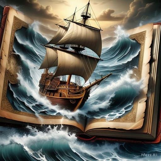 Pirate Ship Erupts from Ancient Tome in 3D Digital Art