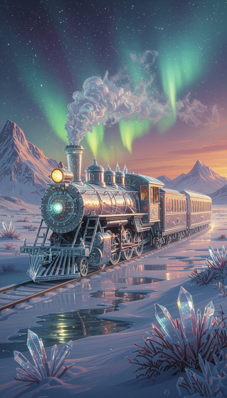 Crystal Ice Train on Frozen Tundra Under Aurora