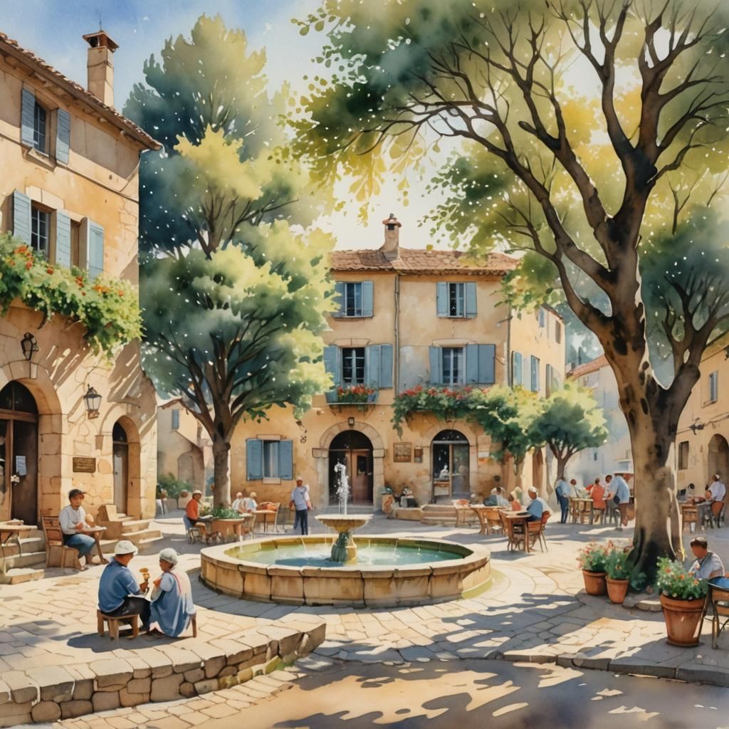 Idyllic Provence Village Square in Watercolor Style