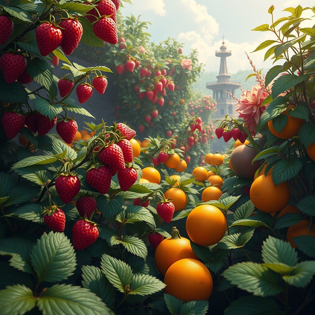 Vibrant Fantasy Garden Scene in Anime Style