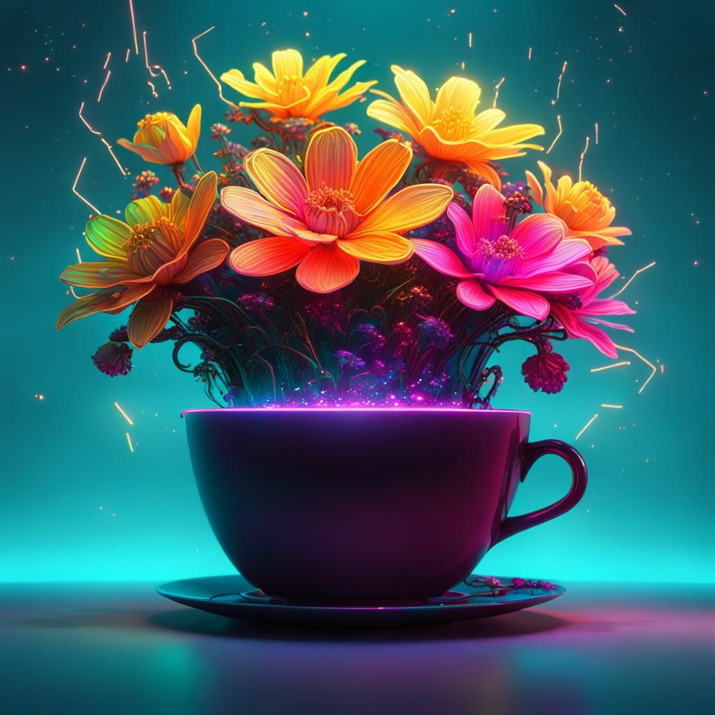 Neon Teacup with Fluorescent Flowers in Vaporwave Style