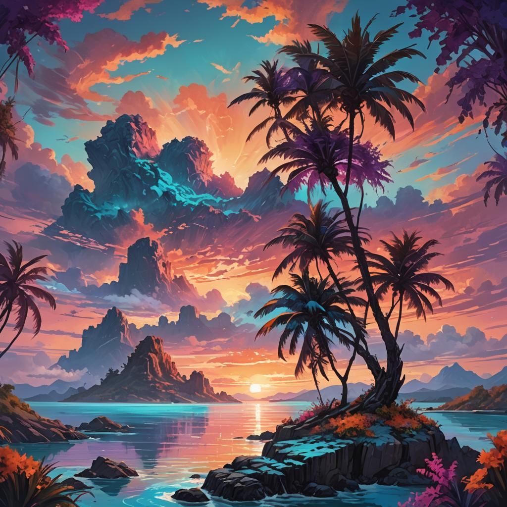 Tropical Island Paradise in Vibrant Sunset