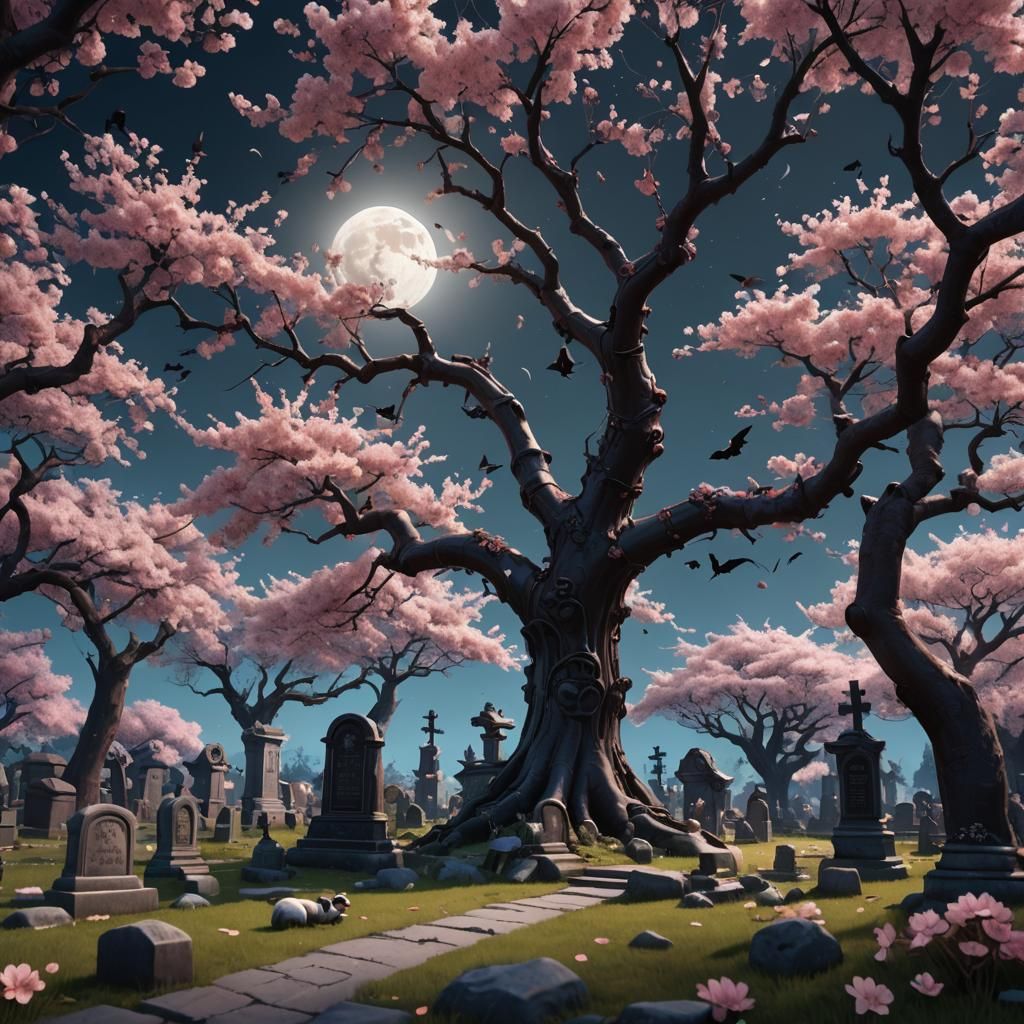 Cherry Blossom Graveyard Scene in Pixar Style