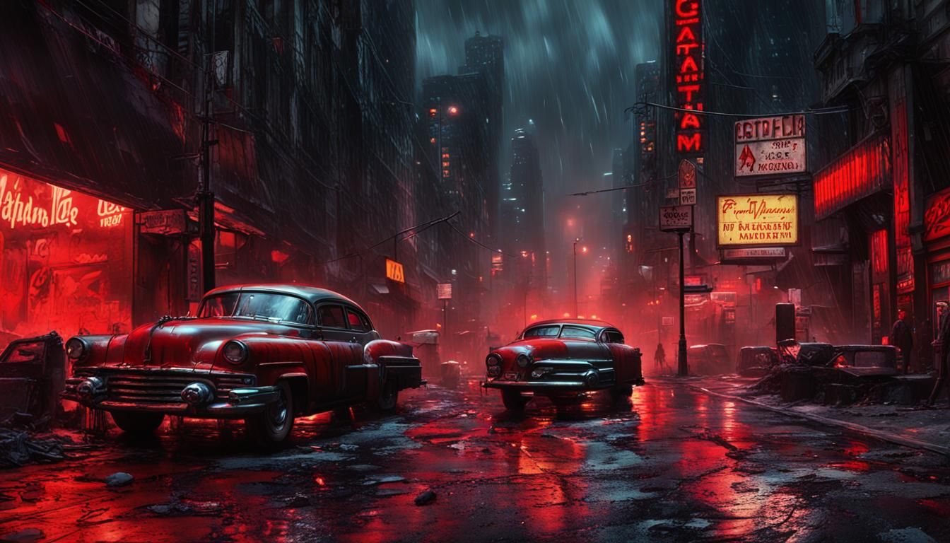 Femme Fatale in Gotham: A Film Noir Cyberpunk Oil Painting