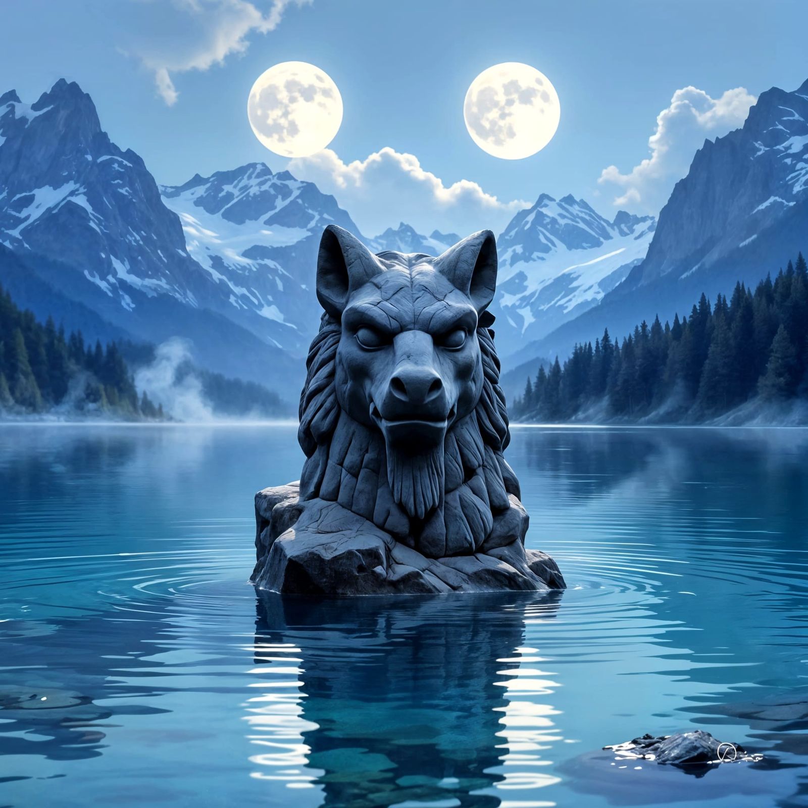 Mythical Beast Statue in Alpine Lake Under Double Moon