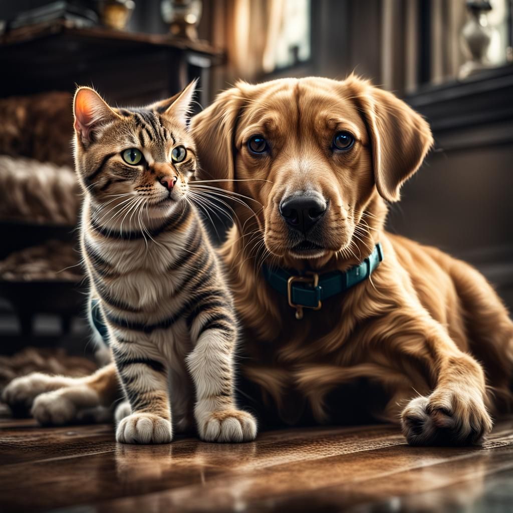 Cat and Dog Playtime: Hyperrealistic 64MP Image