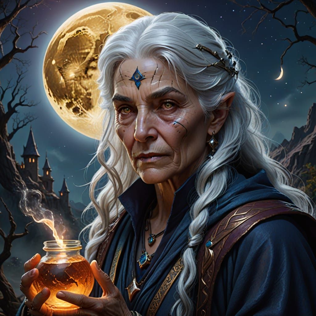 Sorceress Mixing Potion by Moonlight: Hyperrealistic Concept...